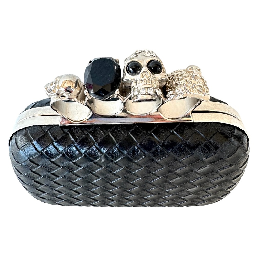 Skull Ring Knuckle Clutch Bag Ring Handle Black Faux Woven Unusual